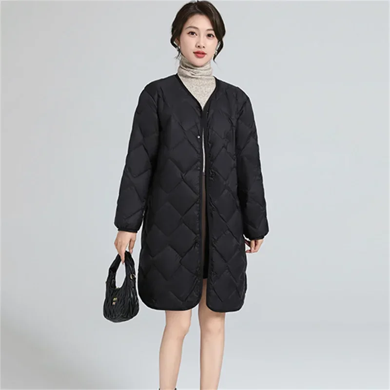 Women Rhombic Lattice Oversize Down Jacket Winter V Neck Warm Light Thin White Coat Female Long Puffer Parkas Outwears