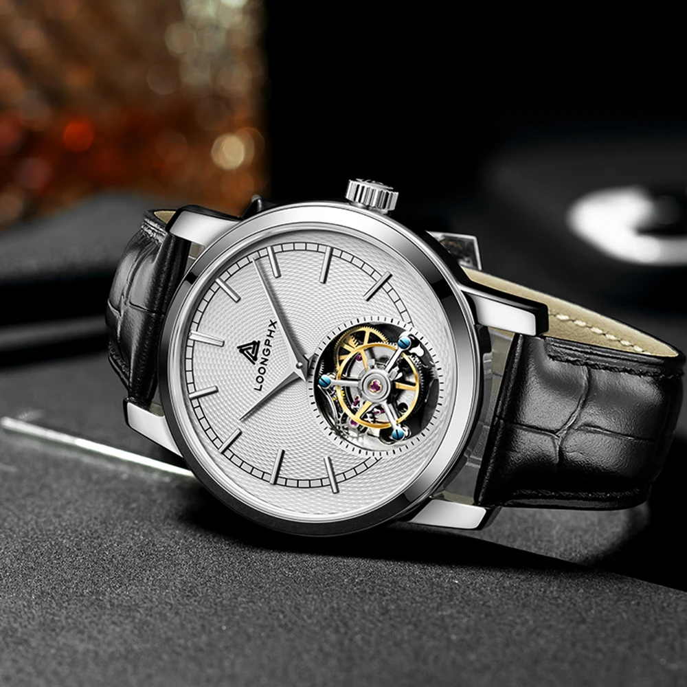 นาฬิกาหรู Tourbillon สำหรับผู้ชายนาฬิกากลไกไขลานนาฬิกาข้อมือธุรกิจ42มม. แบรนด์ชั้นนำนาฬิกา28800vph 2023 loongphx