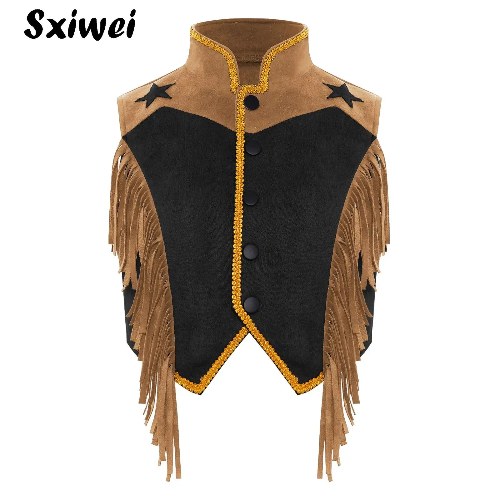 

Kids Girls Western Cowgirl Costume Sleeveless Button-down Vest Coat Fringe Waistcoat Top Halloween Cosplay Party Dress Up Outfit