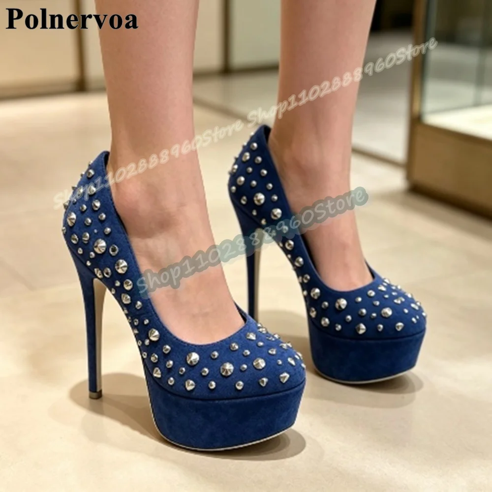 Trendy Blue Flock Platform Rivets Shallow Pumps Stilettos High Heel Shoes For Women Slip On Round Toe Casual Banquet Women Pumps