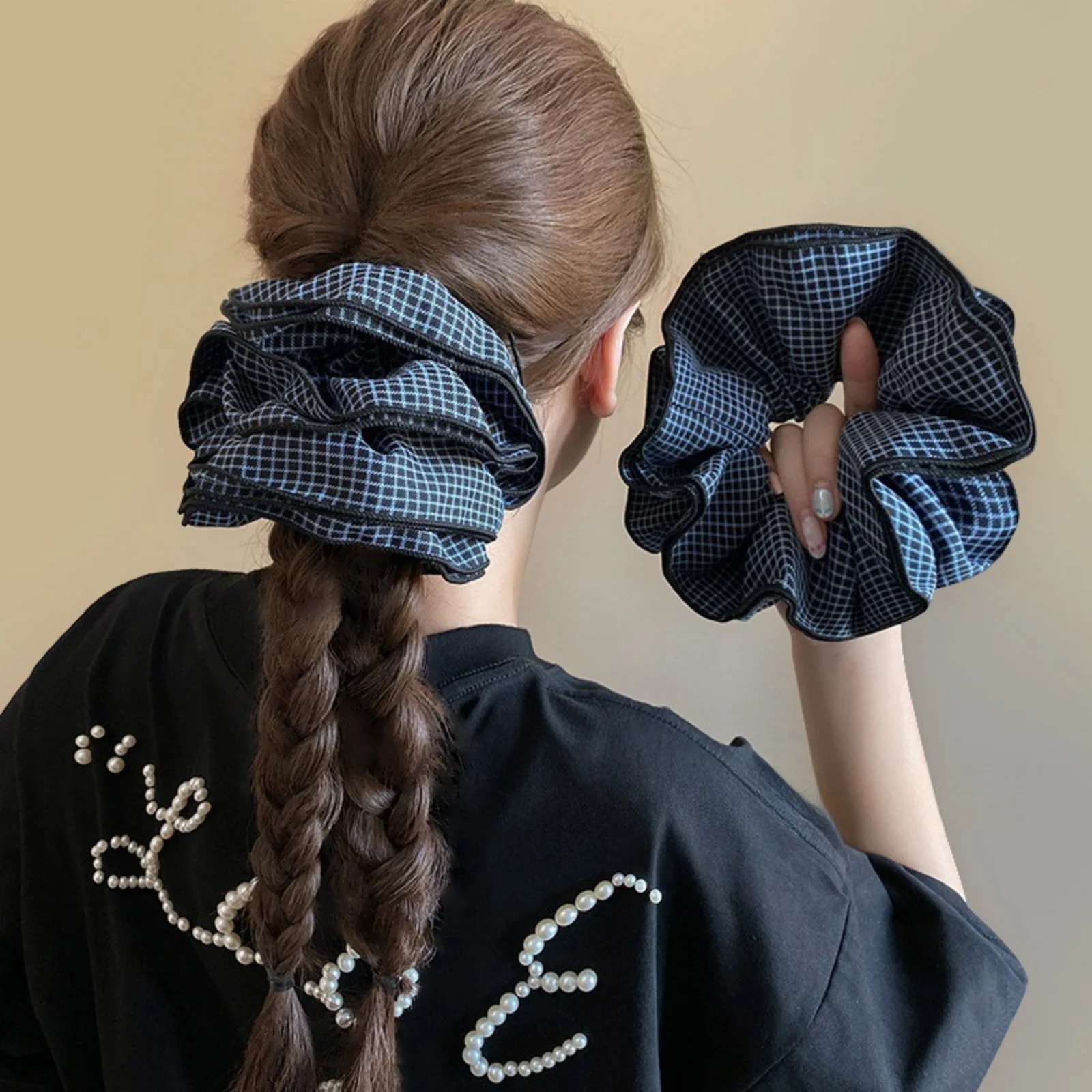 1 x blau kariertes großes Haargummi, modisches Haarschmuck für Frauen, süßes Haargummi für den täglichen Gebrauch