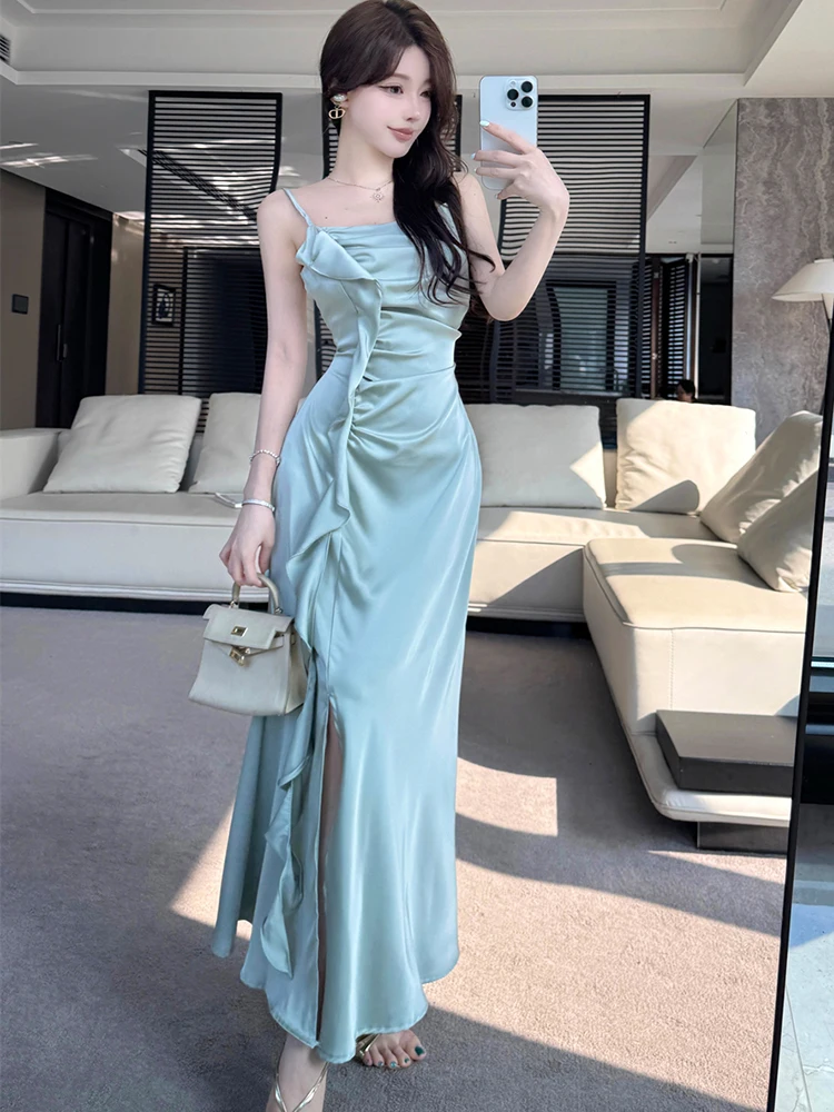 Frauen Solide Acetat Satin Chic Rüschen Langes Kleid Sommer Elegante Schlinge Sexy Abendkleid 2025, Koreanische Vintage Bodycon Prom Kleid
