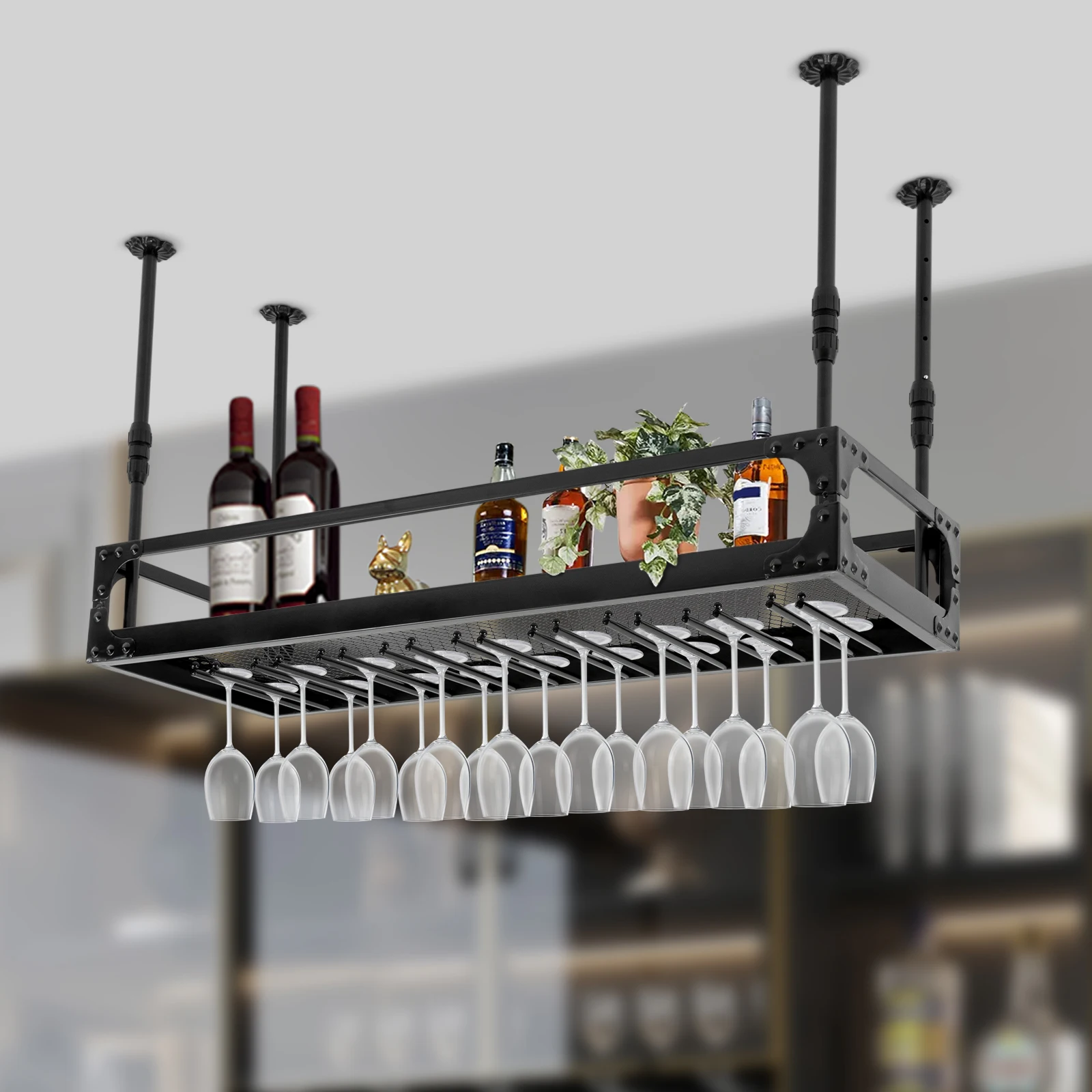 Iron Wall Mount Wine Glass Hanging Holder Goblet Stemware Storage Organizer Rack (100cm)