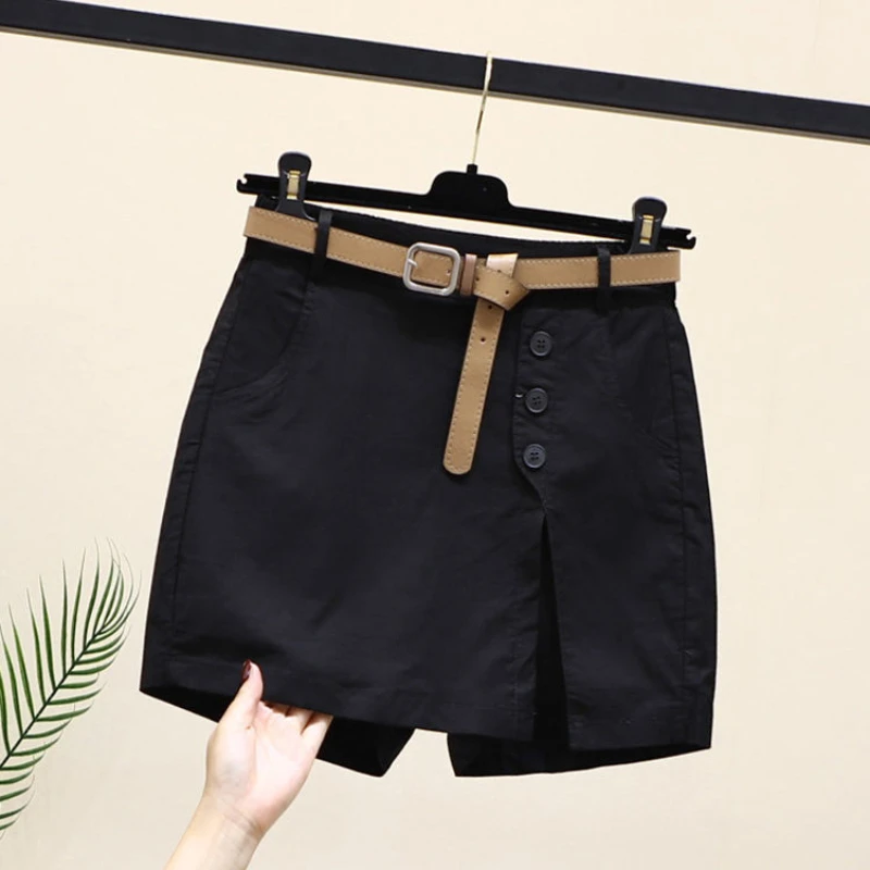 Cotton Casual Shorts Women Solid Color Summer All-match Korean Fashion A-line Trousers Elastic Waist Belts Side-slit Buttons