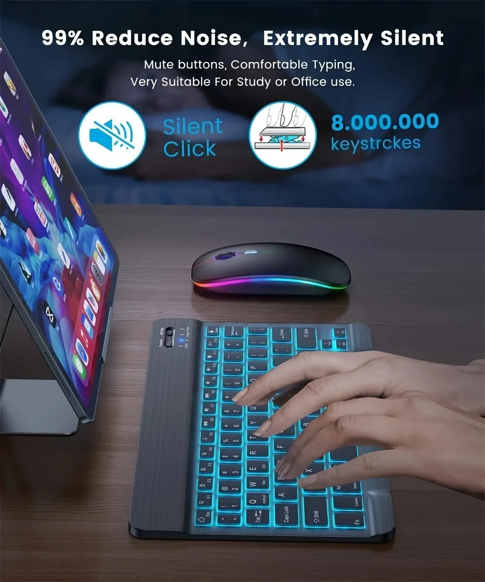 Compact Wireless Keyboard with 7-Color Backlit, Rechargeable Wireless Combo for iPad, Tablets, and Laptops - Ergonomic Design