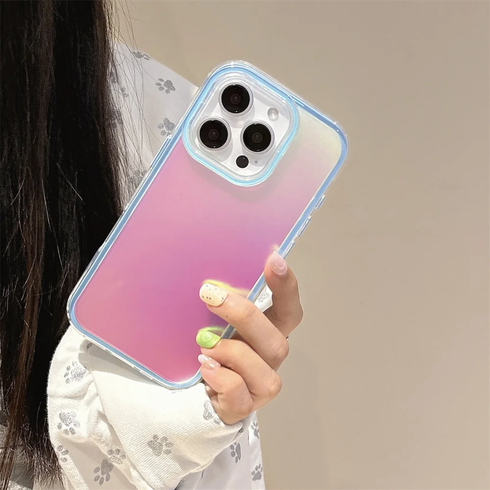 2IN1 Dazzling Laser Aurora Glitter Phone Case For iPhone 16 15 14 13 12 11 Pro Max Candy Color Bumper Protector Shockproof Cover