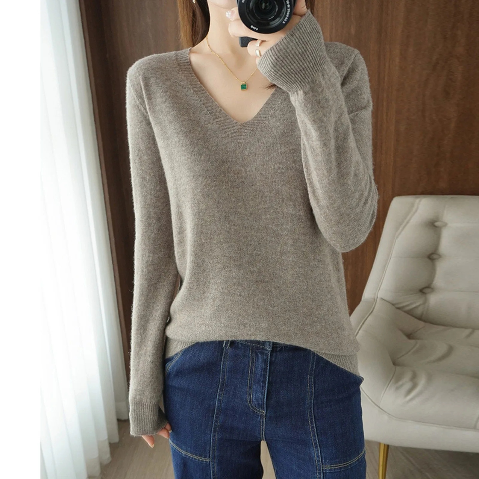 Women\'s Solid Colour Long Sleeve Knitted Sweater Top Women\'s Autumn and Winter Warm Wool Pullover Knit Bottom Shirt Sweater