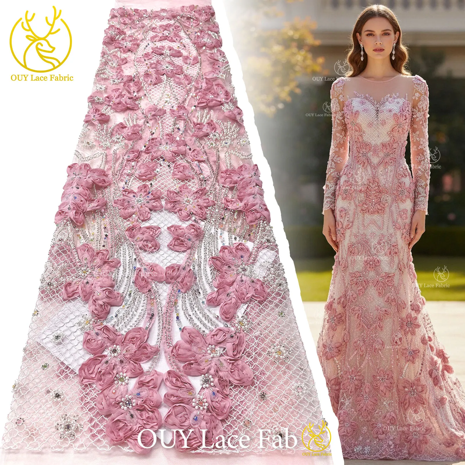 

Elegant Fashion 3D African Lace Fabric 2026 High Quality French Nigerian Beaded Sequins Lace Fabric For Party Evening Dress