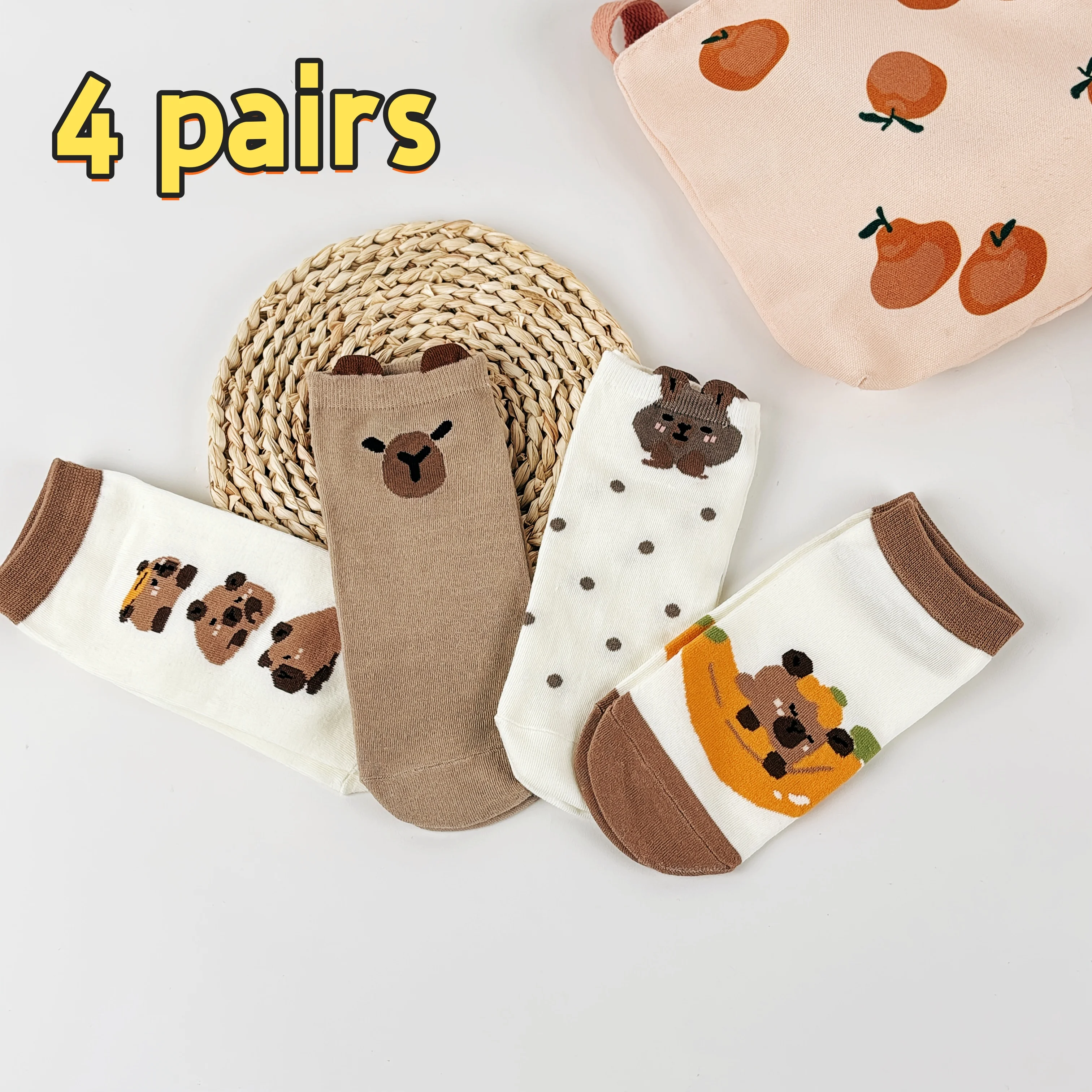 4 pairs Cute Capybara Ankle Socks ，Dot/Banana Elements Comfort Ankle Socks
