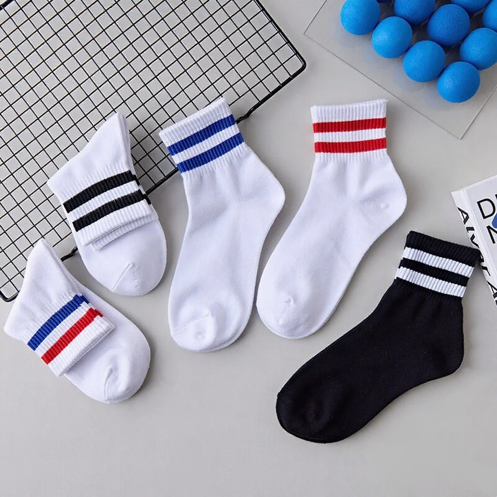 

5 Pair Vintage Two Stripes Sports Cotton Men Ankle Socks Retro Street Hiphop Skate Athletic White Black School Designer Tennis