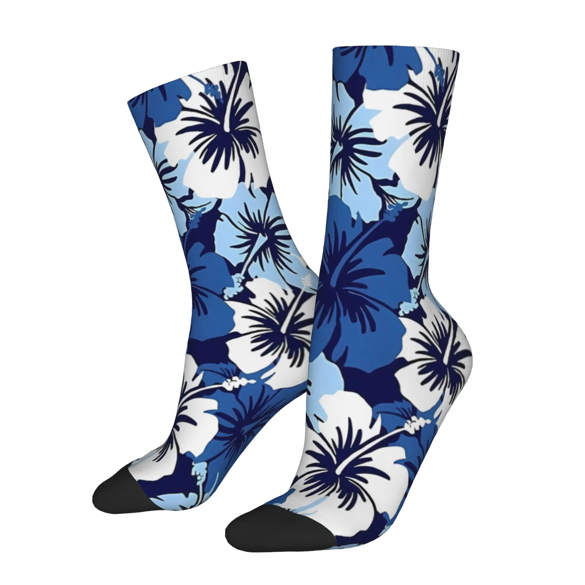 

1 Pair Funny Sock Hawaiian Print Hibiscus Floral Aloha Blue Vintage Seamless Pattern Printed Men Crew Socks Novelty Men's Socks