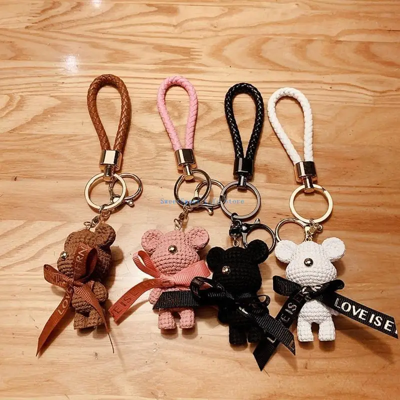 

D5QB 2022 Leather Weave Rope Diy Bear Keychain Cartoon Animal for Doll Keyring
