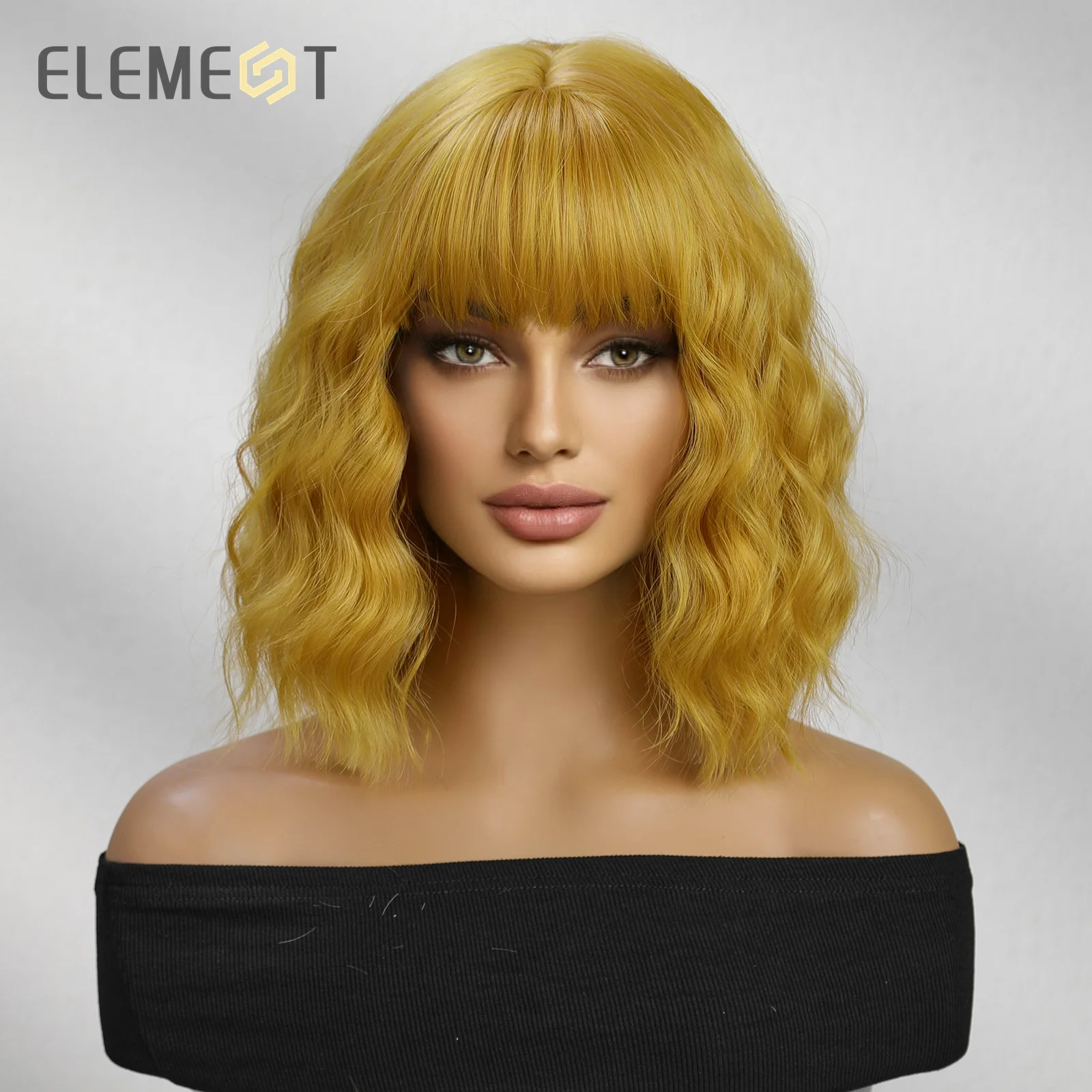 Element Short Body Curly Synthetic Bob Wig with Bangs Ginger Yellow Hair Wigs for Women Daily Party Cosplay Heat Resistant