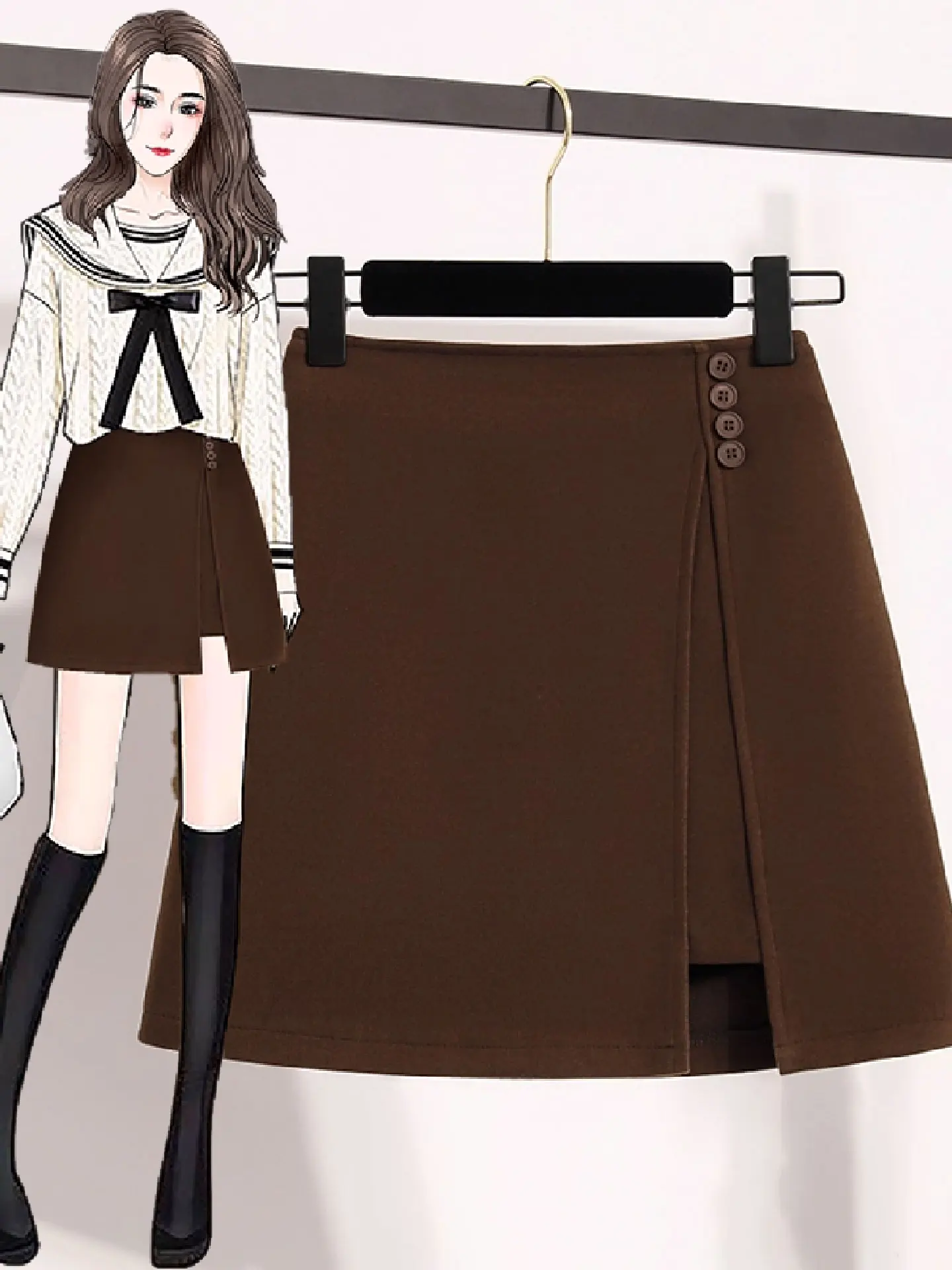 

High Waist A-Line Skirt in Coffee Color for Women Button Sle Suit Sle Woolen Skirt plus Size Conceals Hip