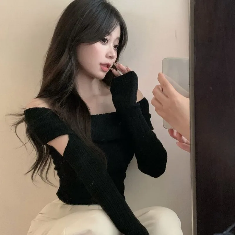 Fashion Tops 2025 Women Jumper Tunic Pullovers For Women Sueter Mujer Slash Neck Off Shoulder Knitted Cropped Sweater Y2k Tops