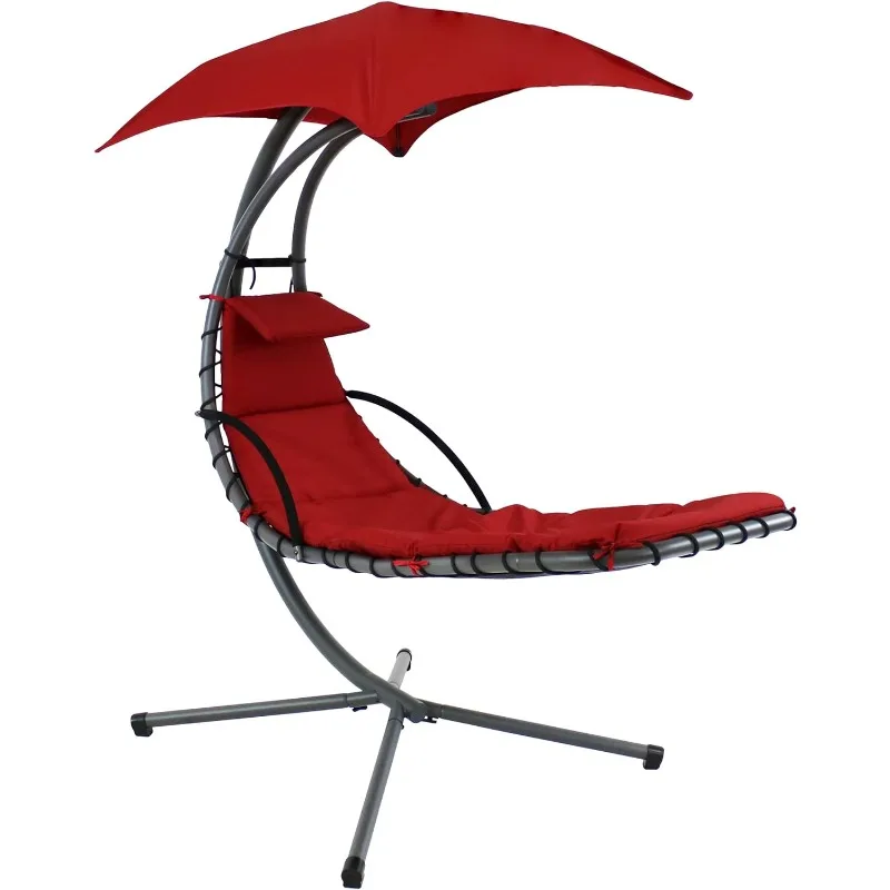 

Floating Chaise Lounger Swing Chair with Umbrella Canopy - Curved Steel Hammock Lounge Chair with Cushion