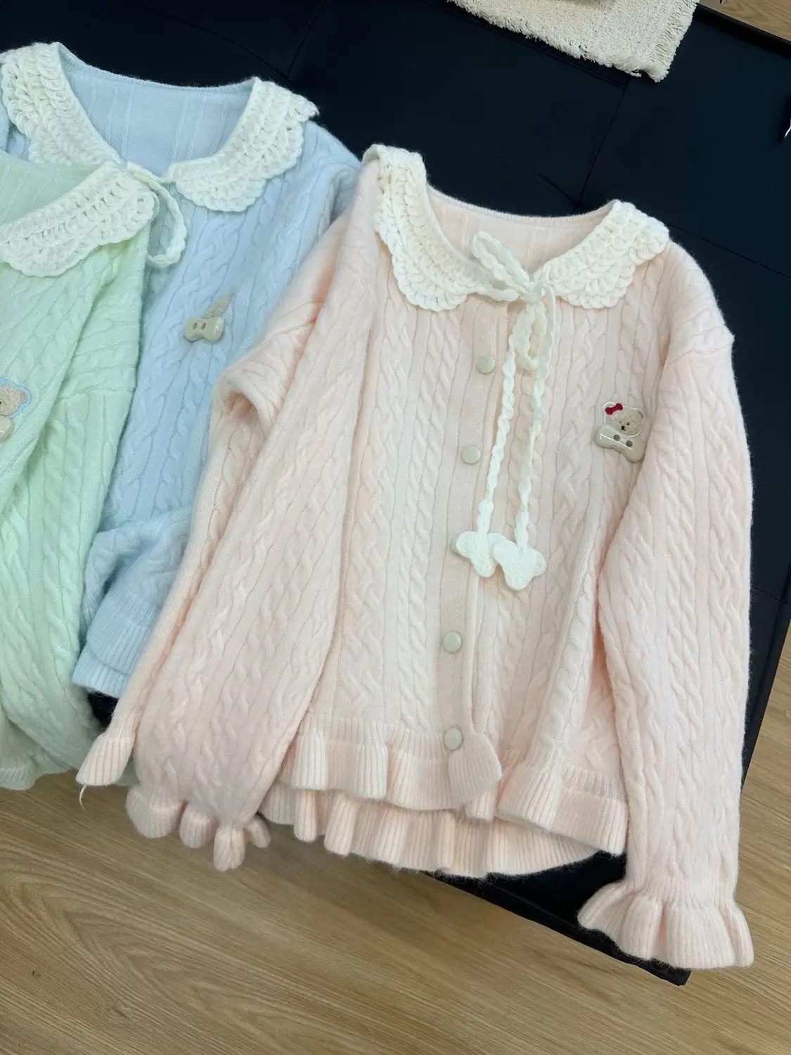 Lolita Sweet Cute Sweet Women Cable Knit Cardigan Lace Peter Pan Collar Bear Applique Patch Ruffle Hem Cuff Single Breasted Coat