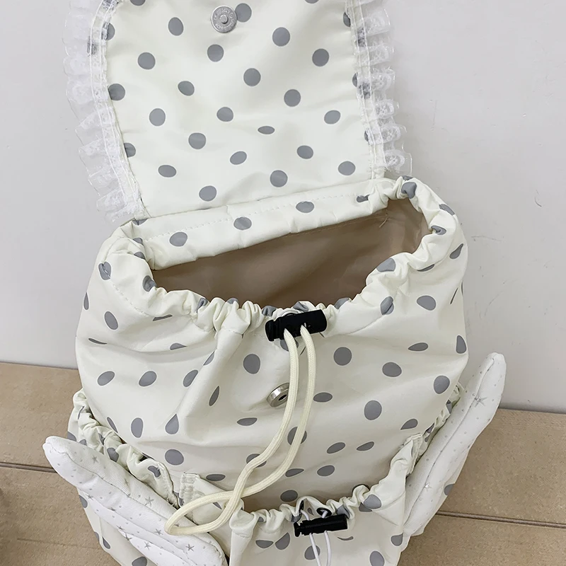 Angel Wings Polka Dot Studenten-Rucksack mit Kordelzug, koreanische süße süße Schultasche aus Nylon, leichte, lässige, geräumige Reisetasche – Detail 3