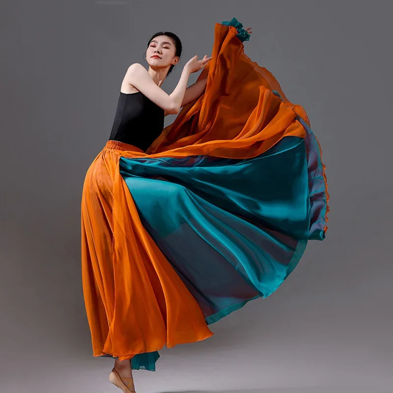 

Женская классическая полуюбка, современная танцевальная тренировочная юбка, элегантная двойная шифоновая распашная юбка для выступлений, этичная 720 градусов