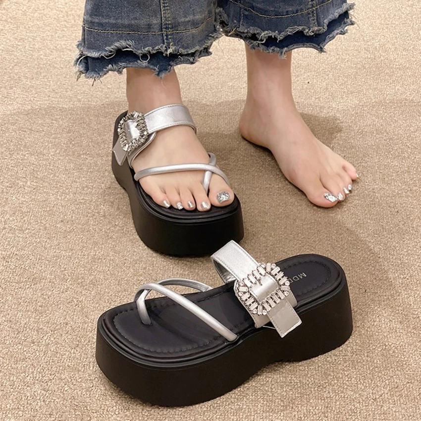 

2024 Summer Shoes for Women Rome Thick Fashion Female Slip-on Platforms Rhinestone Mesh Hollow Sport Running Sandals for Ladies