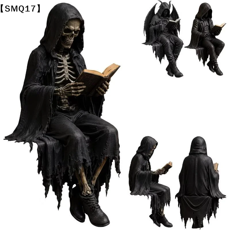 Grim Reaper Reading Statue Resin Black Hooded Skull Miniature Figurine Halloween Home Desktop Ornaments Gothic Decor【SMQ】