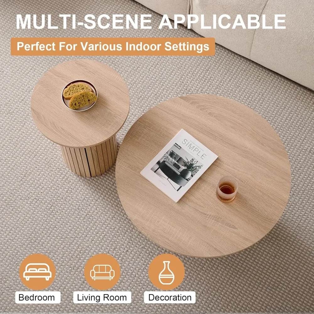 Round Nesting Coffee Tables Set of 2 -φ27.6 Large Short + φ15.8 Small Tall Boho Circle Side Tables with Fluted Drum Design, Natu