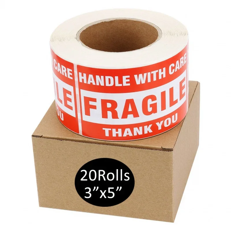 3 X 5 Fragile Handle with Care Warning Stickers and Packing - 500 Permanent Adhesive Labels Per Roll (20 Rolls)