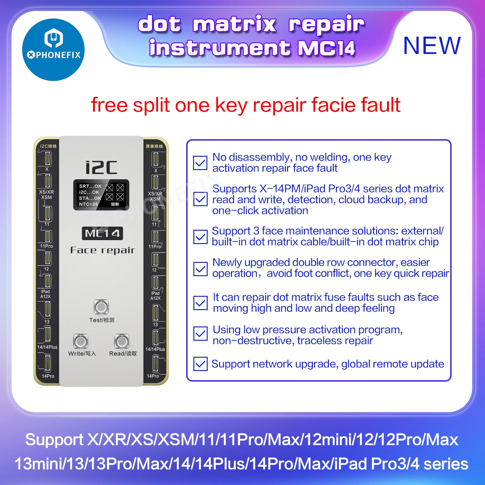 I2C MC14 No Soldering Dot Matrix Cable For iPhone X XR XS 11 12 13 14 Pro Max Fixing Face ID Not Working DOT-Projector Issues