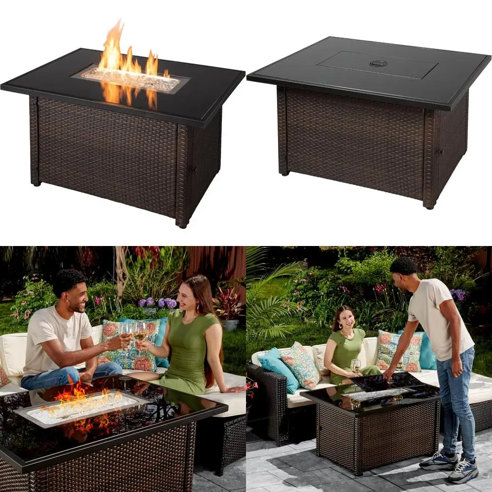 

Rectangular Outdoor Gas Fire Pit Table, Brown/Black, Multi-Color Flames
