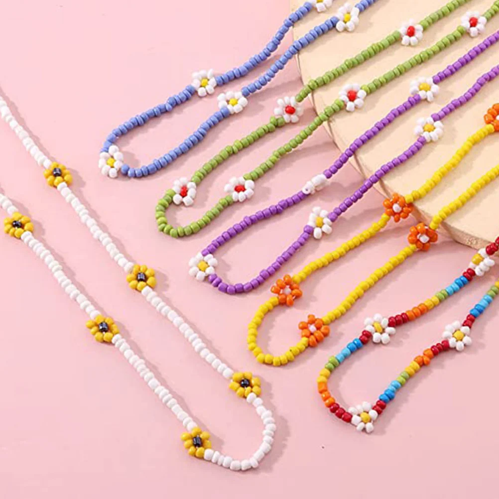 

6Pcs Beaded Necklace Flower Charm Boho Summer Necklace Set Stylish Beach Party Statement Necklaces for Women Teen