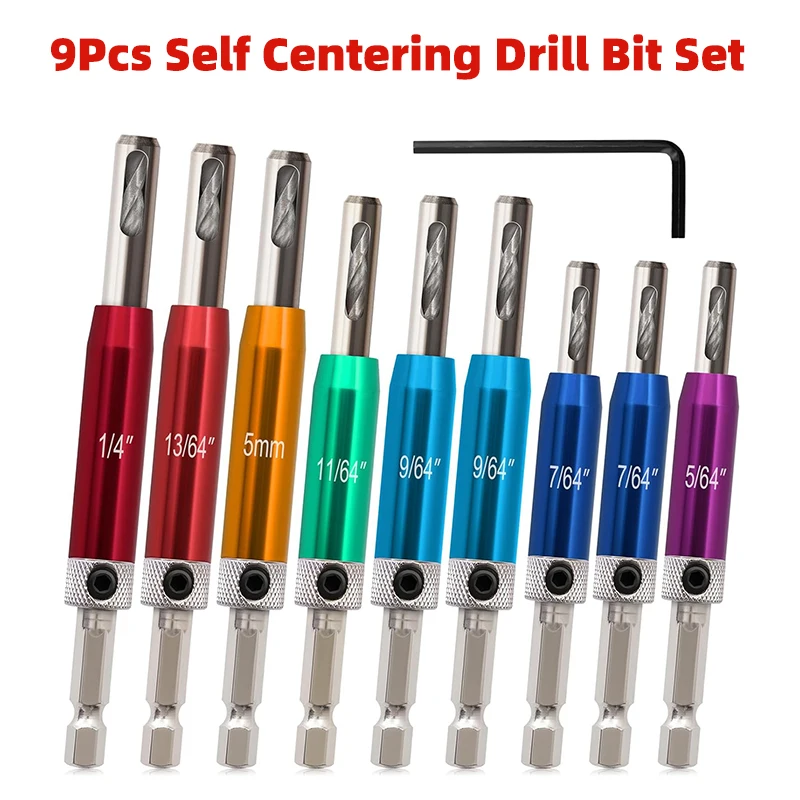 

Self Centering Drill Bit Set, Hex Shank, Vix Bit, 5/64 to 1/4 Hinge, Center Drill Bit Set for Cabinet Door and Window