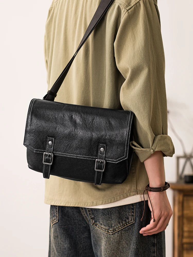 casual designer handmade high-quality genuine leather men's messenger bag outdoor travel luxury cow leather black shoulder bag