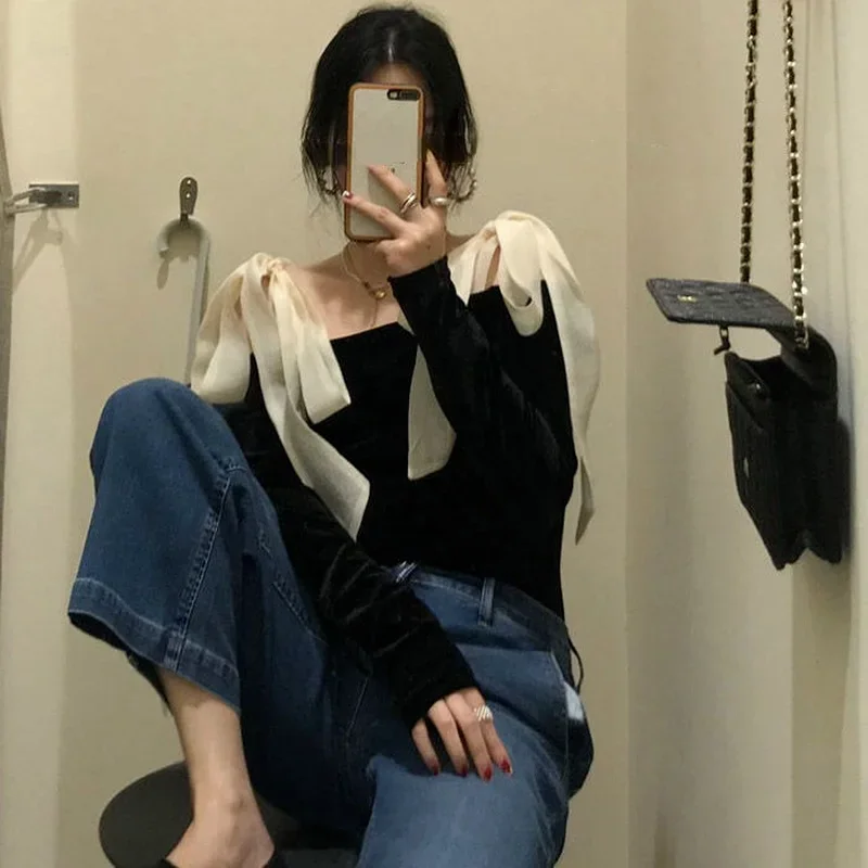T-shirts Women Golden Velvet Black Off Shoulder Long Sleeve Slim Autumn Fashion Slash Neck Vintage Bow Solid Elegant Design Chic