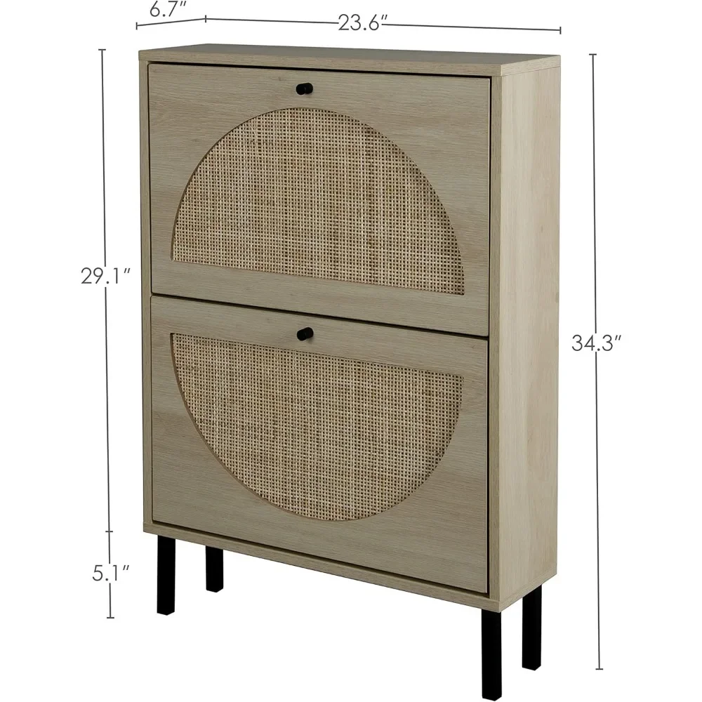 Scarpiera in Rattan naturale con 2 cassetti ribaltabili, scarpiera autoportante per corridoio d'ingresso con gambe in metallo per tacchi