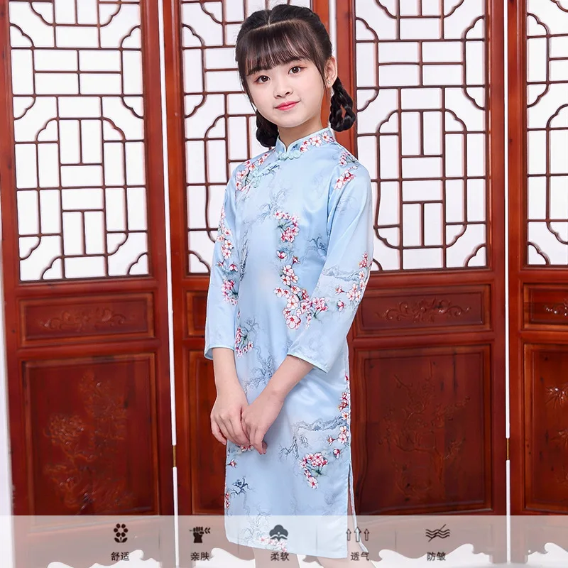 

2022 Floral Baby Girl Qipao Silky Dress Children Cheongsam Chinese New Year Costume Clothes Dresses Wedding Uniform