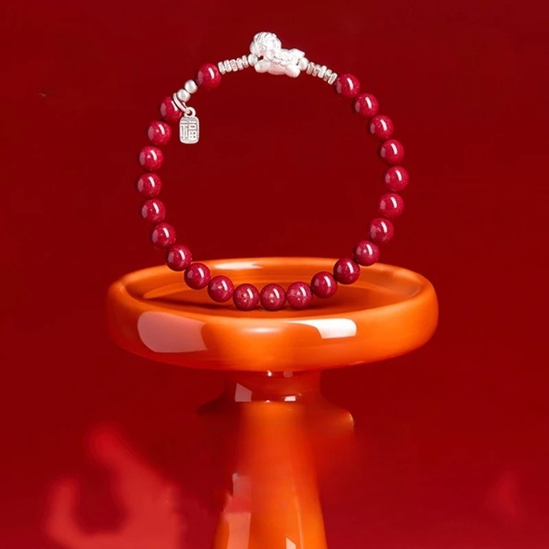 Chinese Style Natural Cinnabar Beaded Bracelet For Women 925 Sterling Silver S999 Silver Pixiu Fu Charm 2026 Year Of Horse Lucky