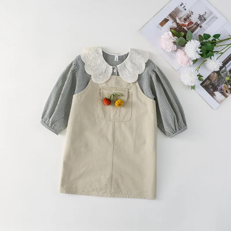 Kids Girls Suspender Dress Sets Embroidery Floral Long Sleeve One Breasted Plaid Shirt+Cute Pendant Sleeveless Loose Overalls