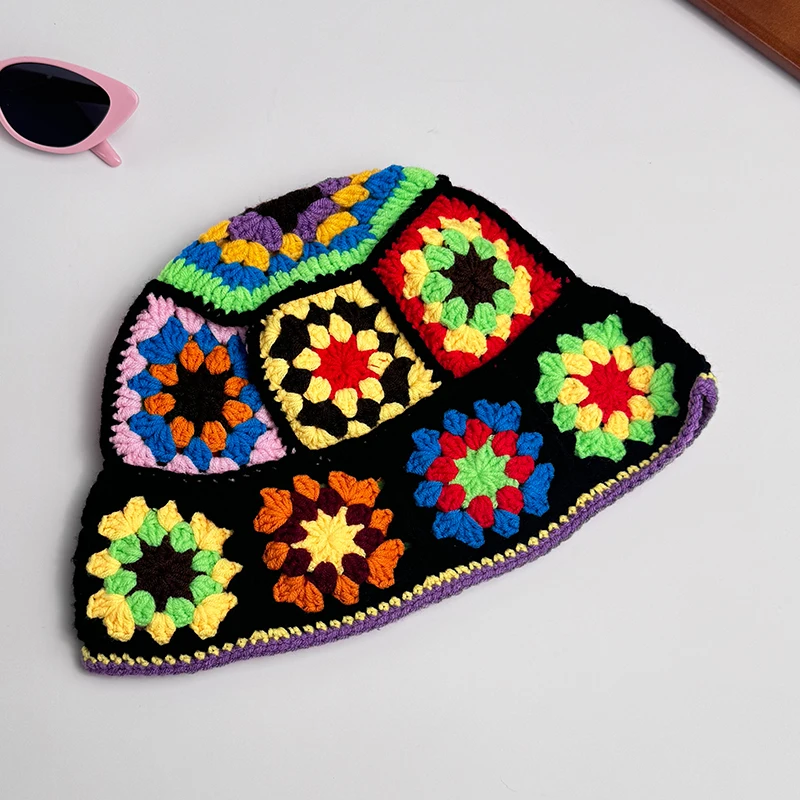 Handmade Crochet Bucket Hat Women Autumn Winter Flower Knit Beanies INS Korean Casual Beanies Panama Cap Fisherman Hat view 4
