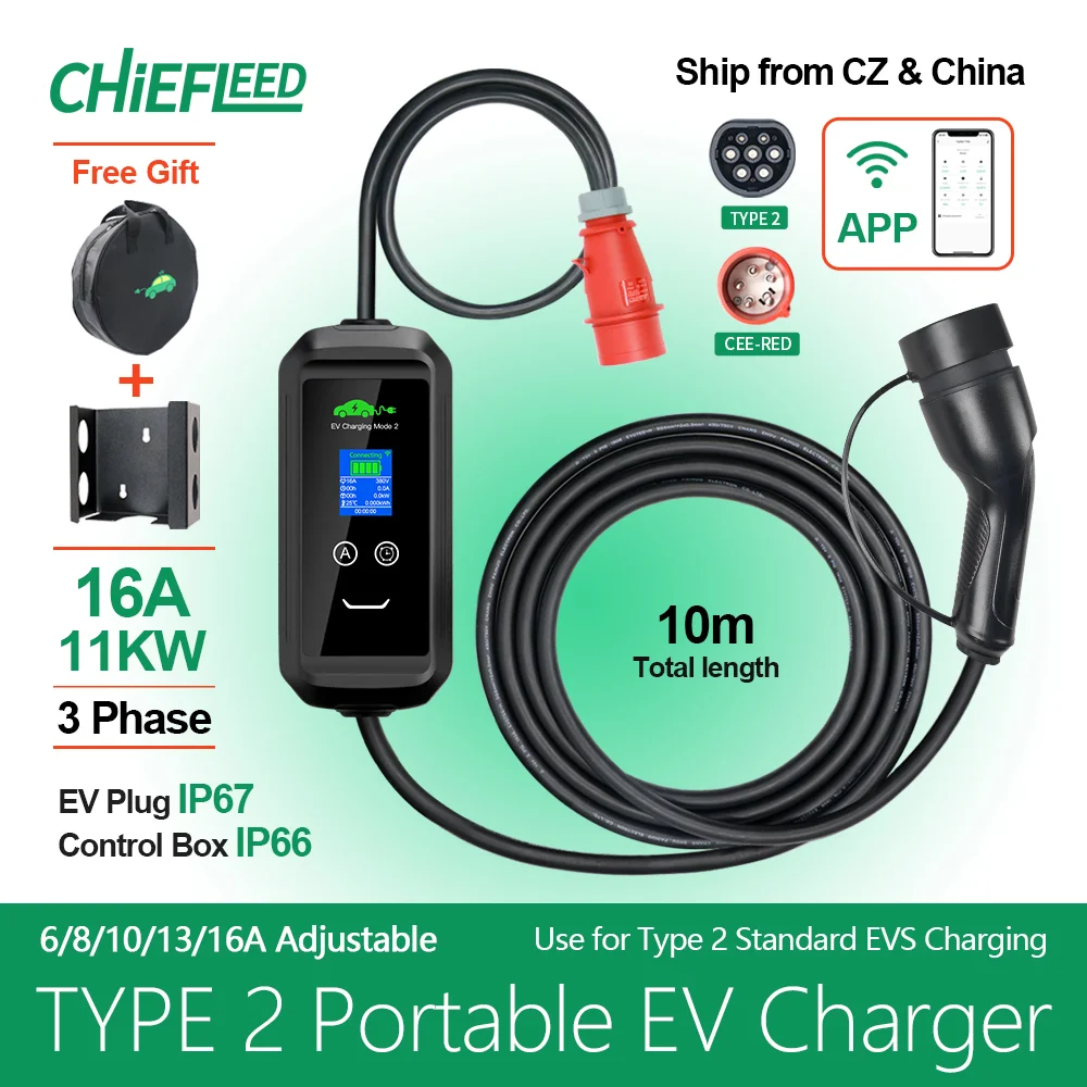 

Chieflee Type2/GBT 16A 11KW Electric Vehicle Car Charger EVSE Wallbox Power Plug 10m Charging Box Plug 3P EV Portable Charger