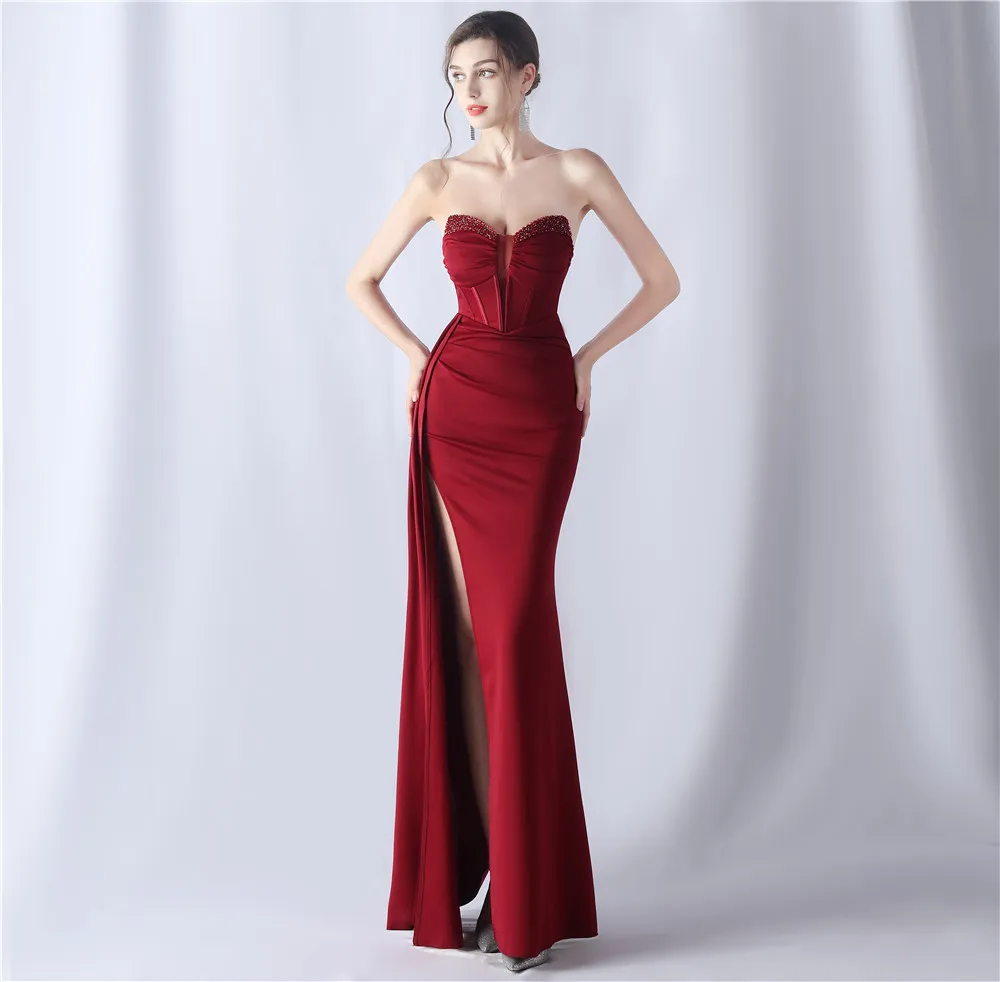 

Long strapless dress with slit Special Occasion Gown Elegant Fashionable Sexy Evening Wear