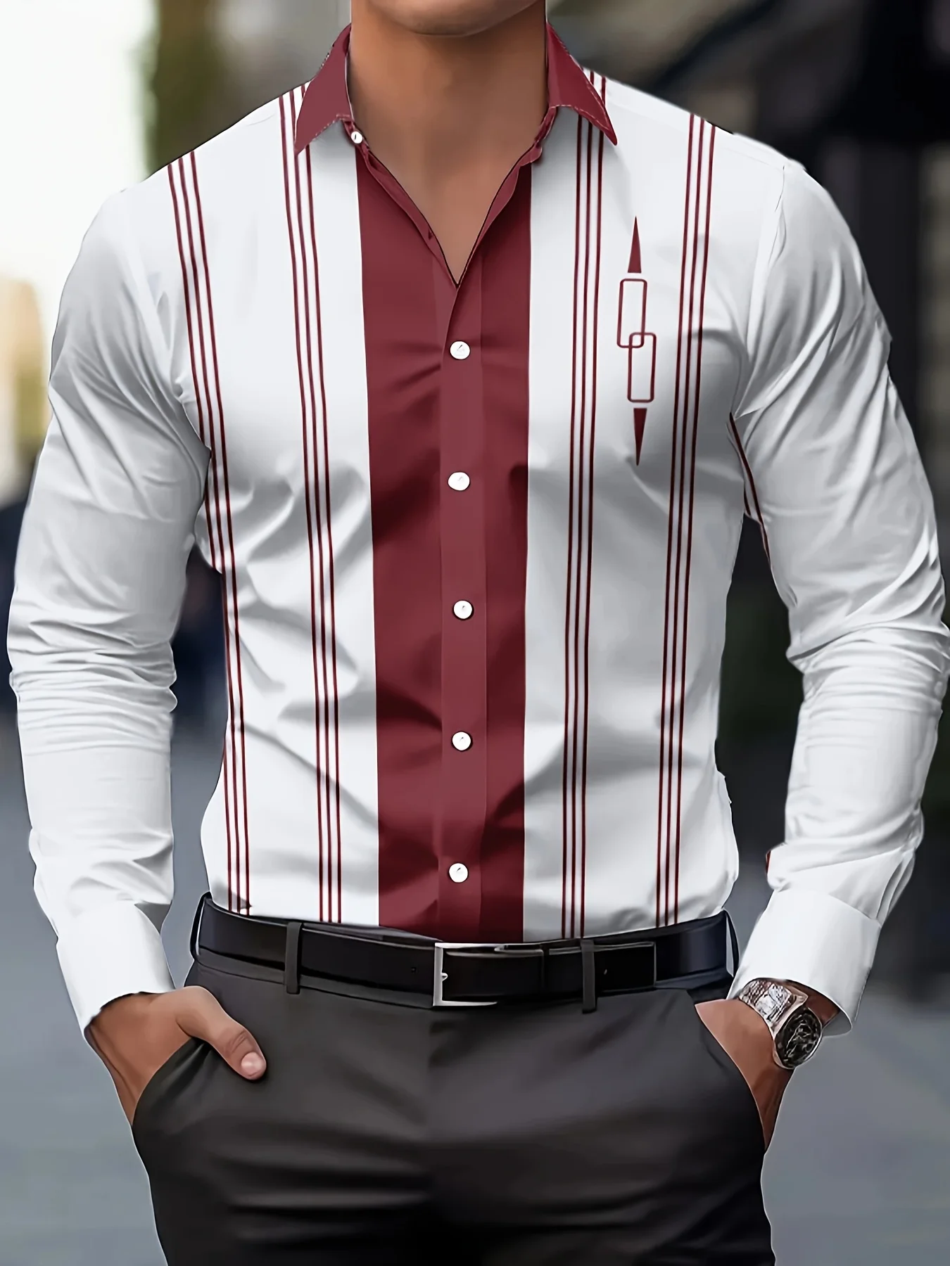 Men's Shirt Burgundy White Vertical Stripe Splice Print Long Sleeve Button Down Top Casual Daily Business Mens Clothing