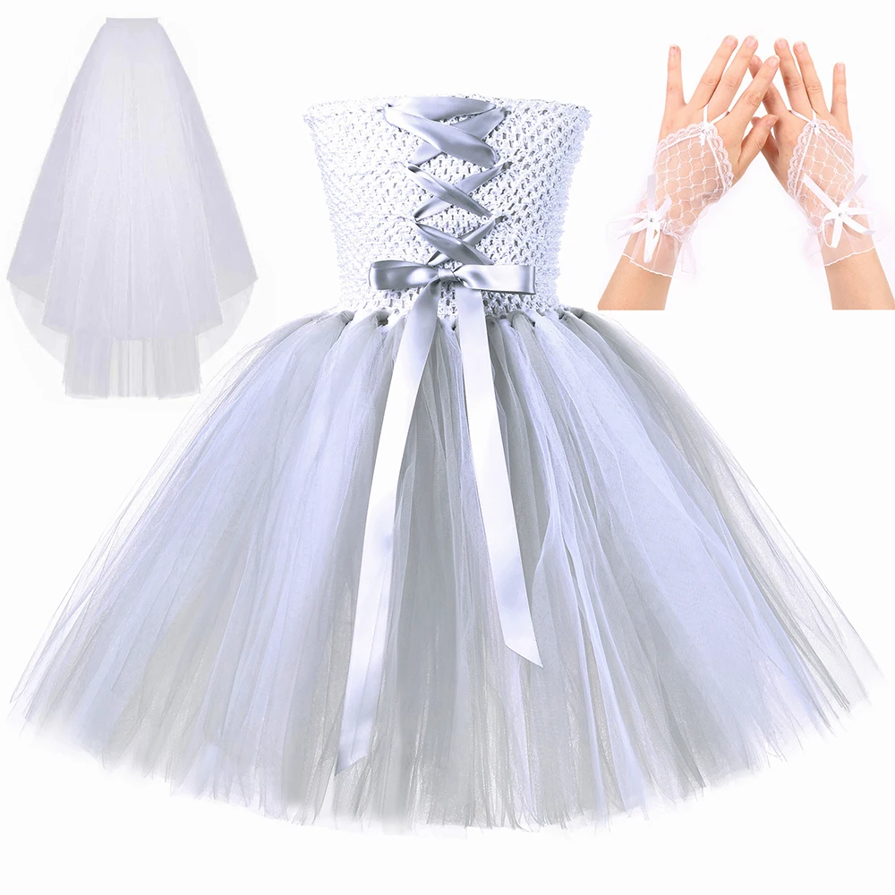 Zombie Bride Costume for Girls Grey White Scary Halloween Tutu Dress Toddler Kids Carnival Party Ghost Bride Dress Up Outfit