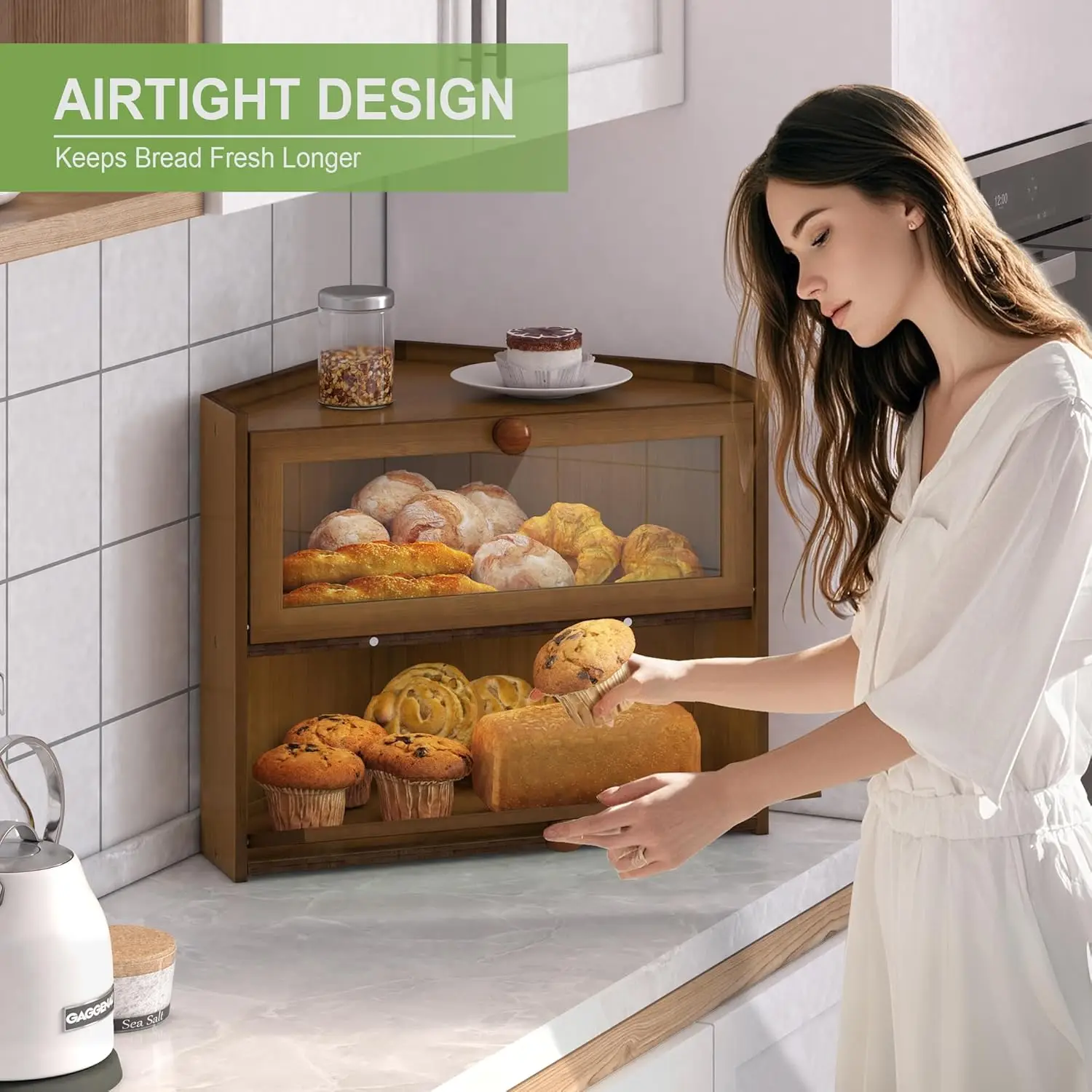 Large Bamboo Corner Bread Box with Window, Farmhouse Style Kitchen Storage Container for Countertop