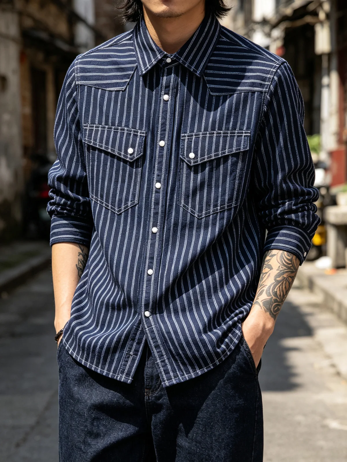 American Style Spring Autumn Vintage Fashion Men Dark Blue Turn-down Collar Pocket Long Sleeve Simple Loose Shirts Male Tops