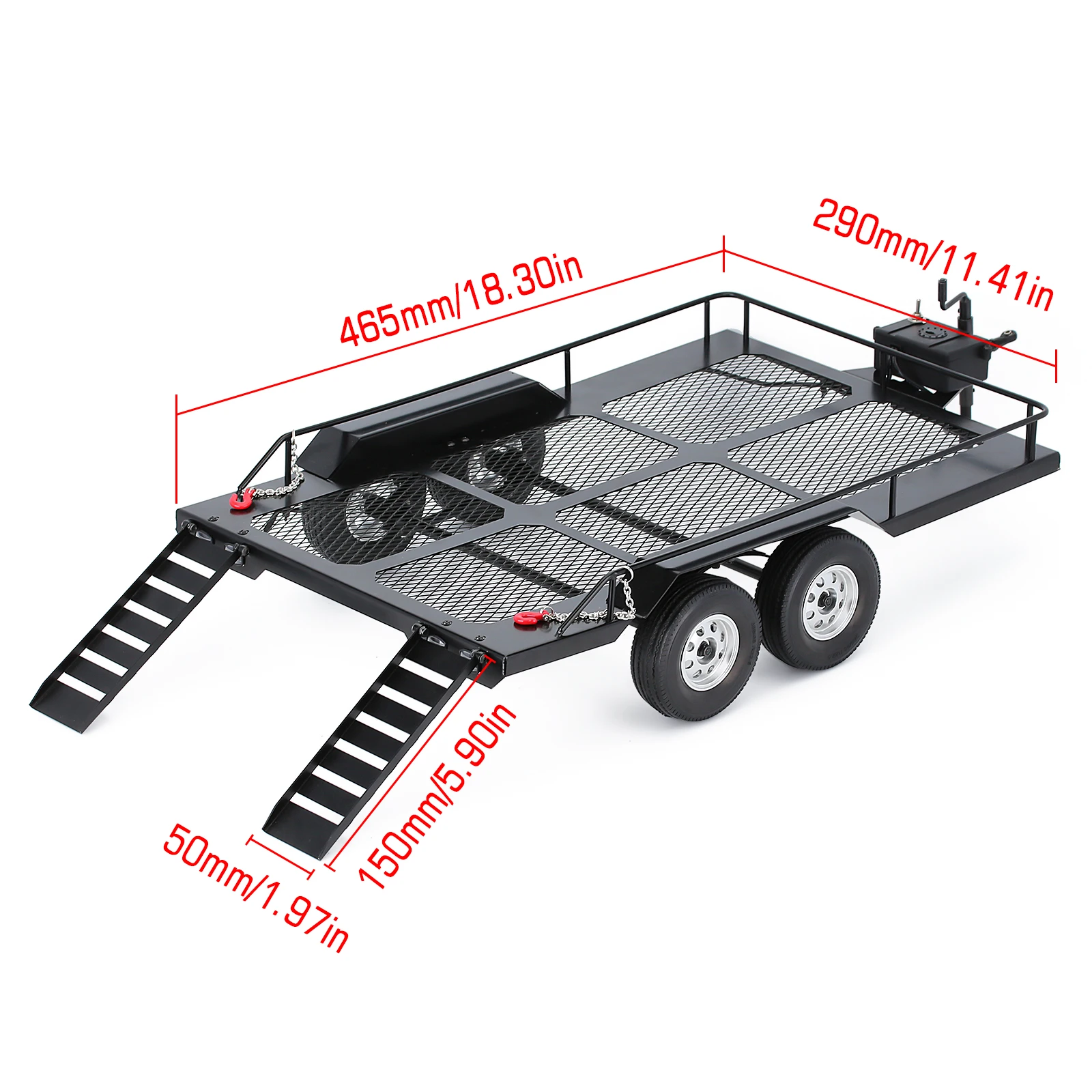 Metal Trailer with 4 Tires Black 465*290MM for 1/10 RC Crawler Car Axial SCX10 90046 AXI03007 TRX-4 Redcat Gen8