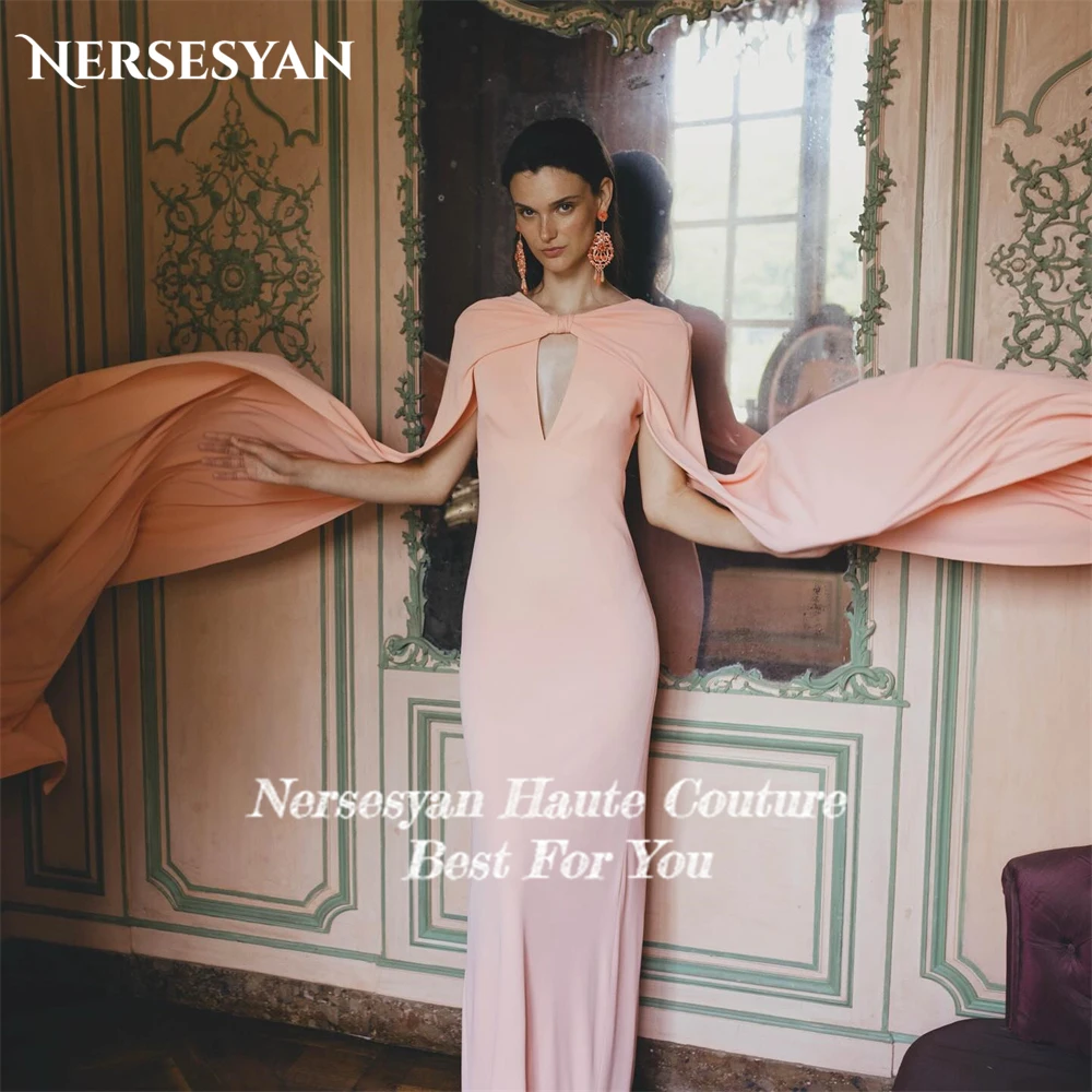 Nersesyan Dubai Solid Satin Formal Evning Dresses Cape Sleeves Bodycon O-Neck Bow Prom Dress Elastic 2024 Celebrity Party Gowns