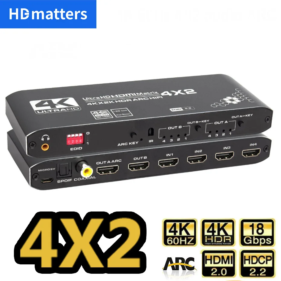 Matrice HDMI 4K 60Hz 4x2 avec sortie Audio optique et stéréo 3.5mm, séparateur de commutation matriciel HDMI 4 en 2 sorties, prise en charge ARC HDCP 2.2 EDID