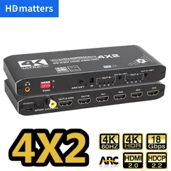 4K 60Hz HDMI Matrix 4x2 with Optical & 3.5mm Stereo Audio Out HDMI Matrix Switcher Splitter 4 In 2 Out Support ARC HDCP 2.2 EDID