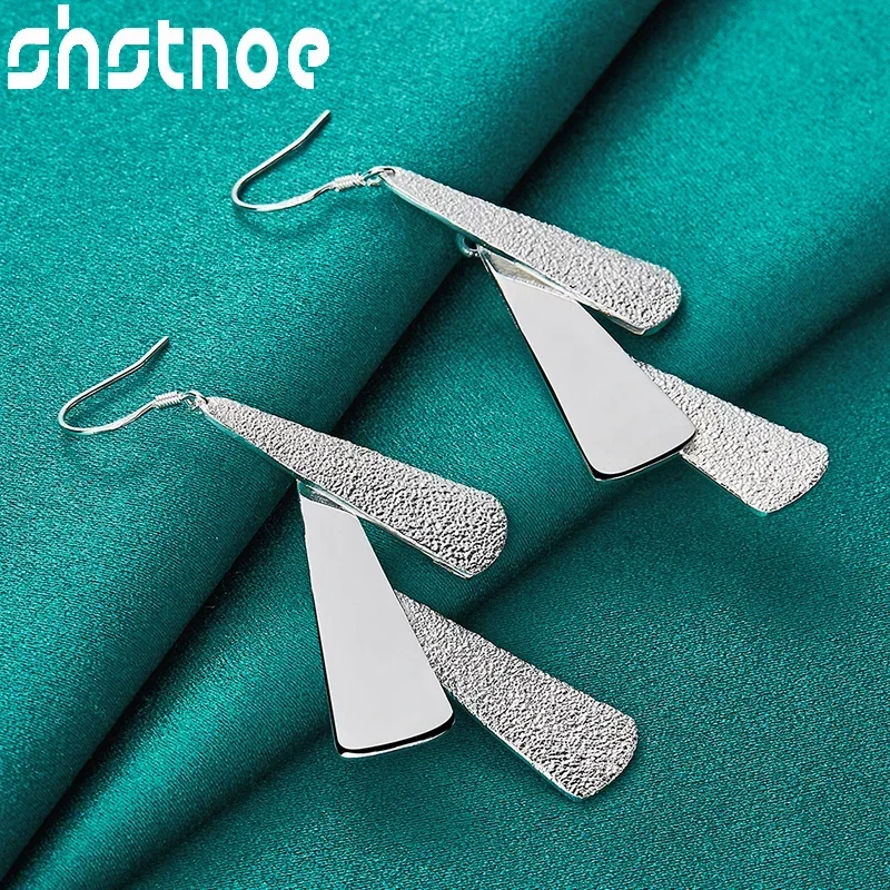 SHSTONE 925 Sterling Silver Frosting Matte Smooth Three Sector Drop Earrings For Women Party Birthday Engagement Wedding Jewelry