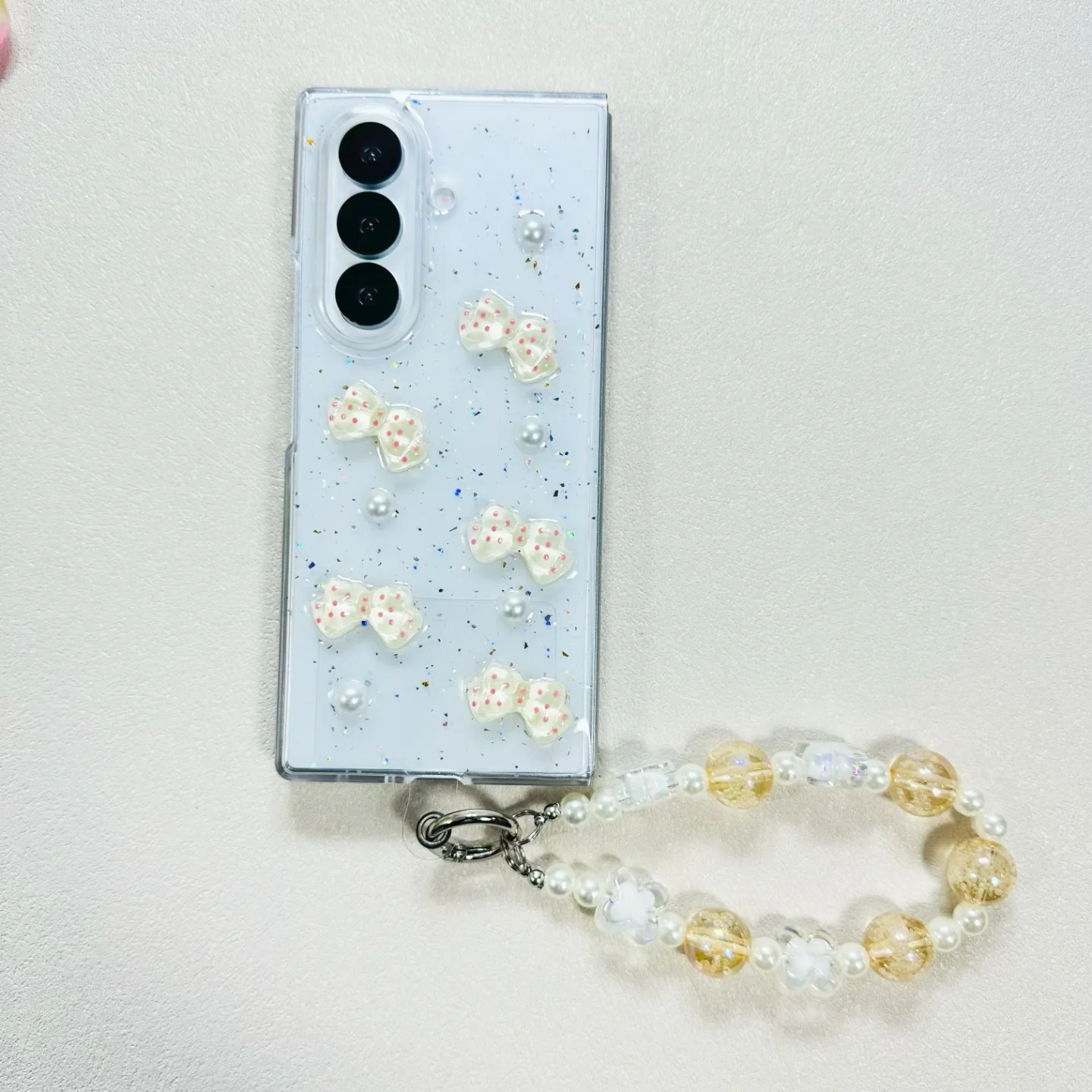 3D Polka Dot Bow Pearl Glitter Phone Case For Samsung Galaxy Z Fold 4 5 6 7, Clear Fold Cover With Cream Beaded Wrist Strap